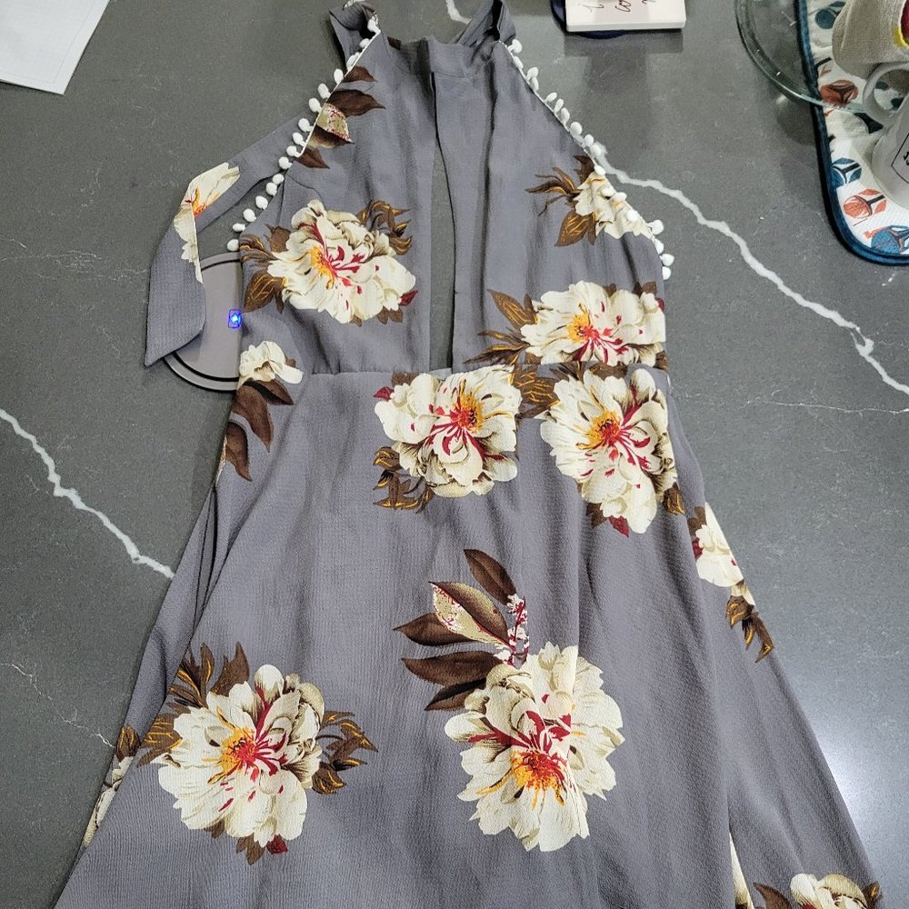 Grey and Floral high-low halter dress